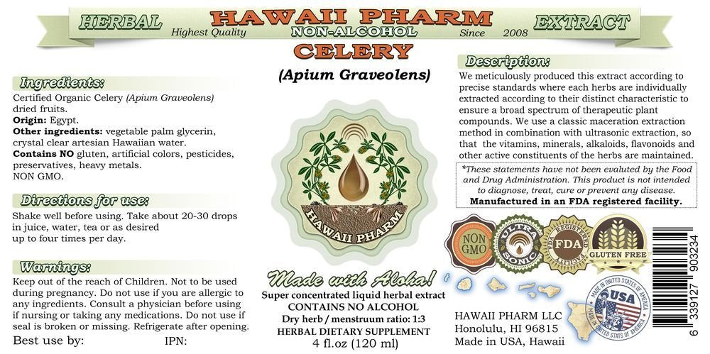 Hawaii Pharm Celery Alcohol-Free Liquid Extract, Celery (Apium graveolens) Dried Fruit Glycerite Natural Herbal Supplement 2 oz