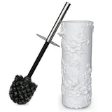 Indecor Home White Floral Branches Design Resin Toilet Bowl Brush and Holder Set, Elegant Bathroom Cleaning Tool with Durable Bristles, Compact