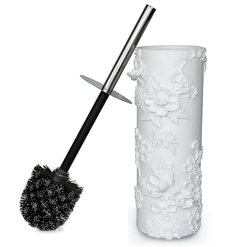 Indecor Home White Floral Branches Design Resin Toilet Bowl Brush and Holder Set, Elegant Bathroom Cleaning Tool with Durable Bristles, Compact