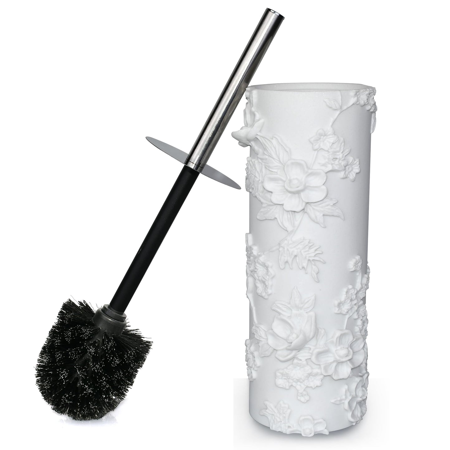 Indecor Home White Floral Branches Design Resin Toilet Bowl Brush and Holder Set, Elegant Bathroom Cleaning Tool with Durable Bristles, Compact