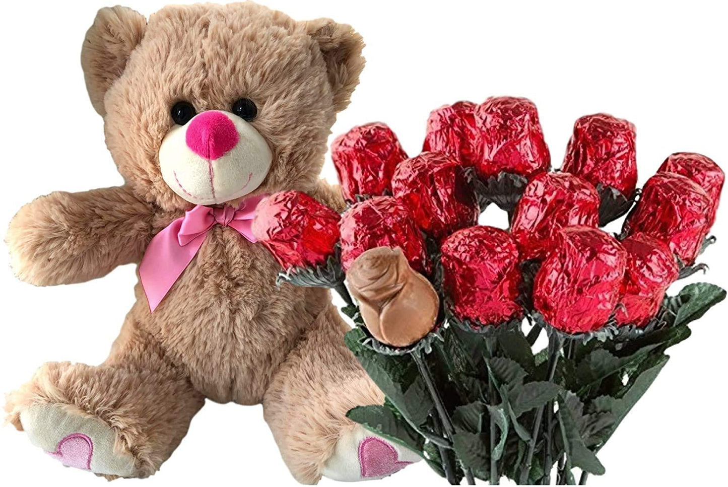 Valentines Day Gift Basket | Teddy Bear Plush 12 Inches (Color may Vary) & A dozen Belgian Milk Chocolate Rose Bouquet | For Her Wife Girlfriend