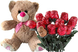 Valentines Day Gift Basket | Teddy Bear Plush 12 Inches (Color may Vary) & A dozen Belgian Milk Chocolate Rose Bouquet | For Her Wife Girlfriend