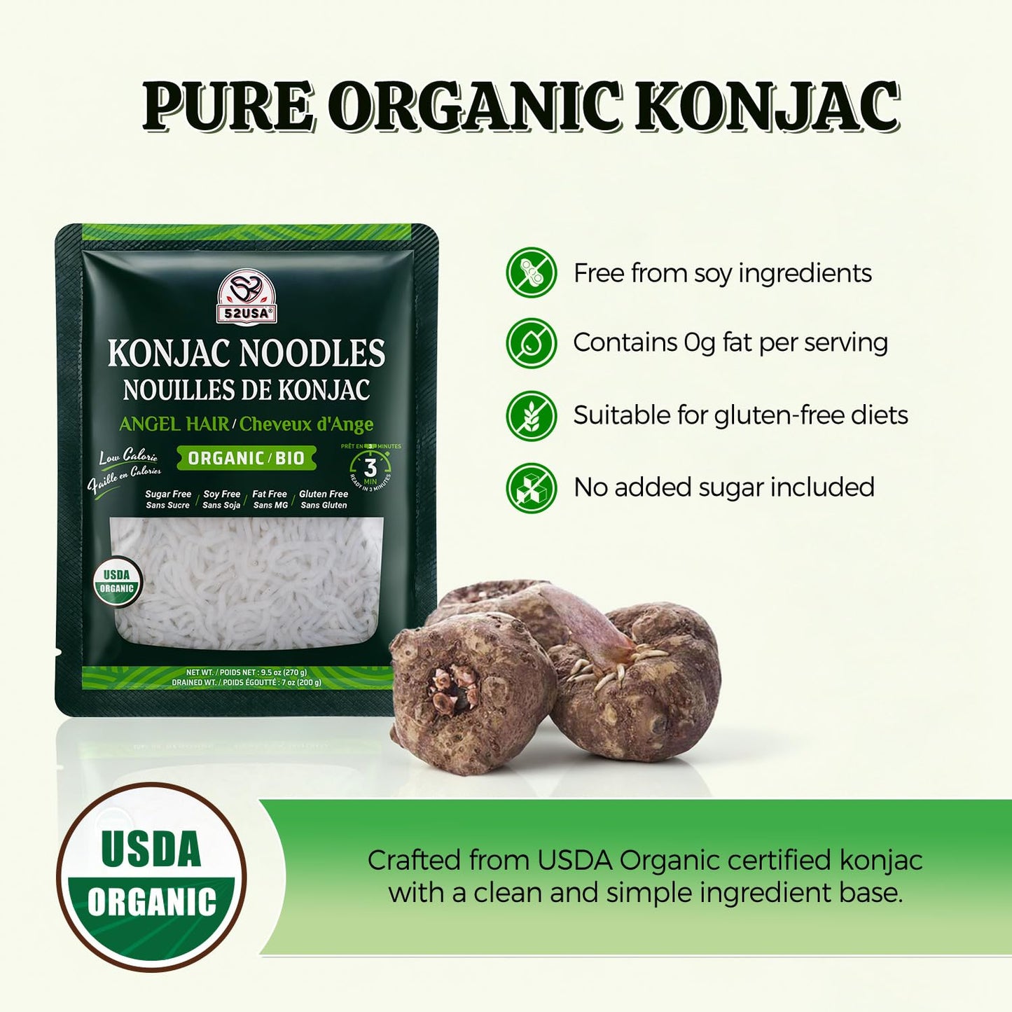 52USA Organic Konjac Angel Hair Noodle, 6-Pack (52.8 oz Total) - Low Carb, USDA Organic, Keto Friendly, Vegan, Sugar-Free, Gluten-Free, Ready to Eat