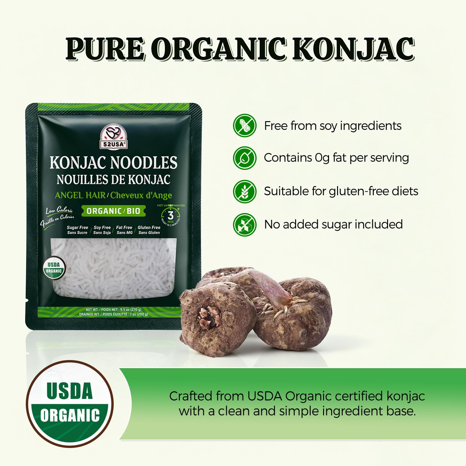 52USA Organic Konjac Angel Hair Noodle, 6-Pack (52.8 oz Total) - Low Carb, USDA Organic, Keto Friendly, Vegan, Sugar-Free, Gluten-Free, Ready to Eat