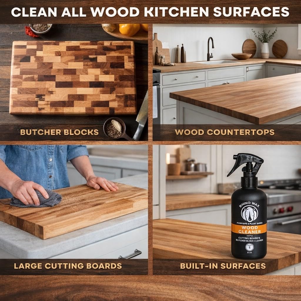 Rhino Wax Wood Cleaner Spray - Cutting Board & Butcher Block Cleaner - Natural Vinegar Citrus Wood Surface Cleaner for Kitchen Wood Countertops