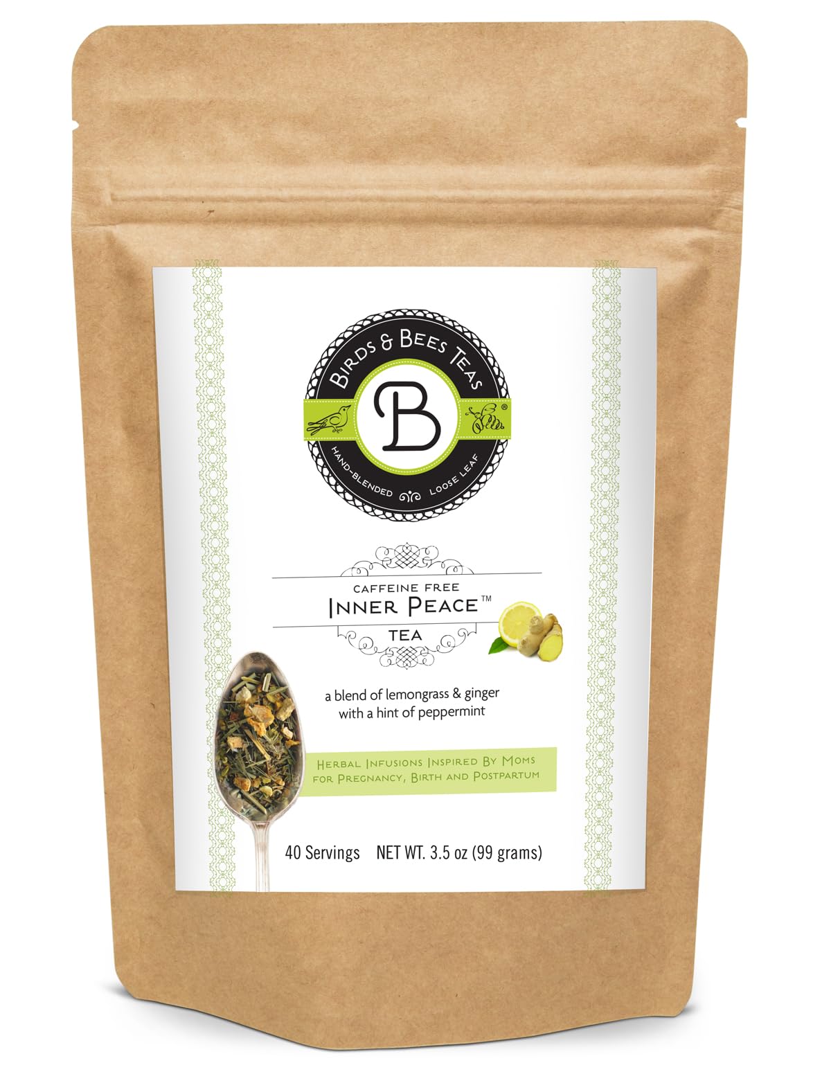 Birds & Bees Teas - Inner Peace Tea is a pregnancy nausea tea - Loose Leaf Blend with Lemongrass, Skullcap, Ginger, Spearmint, Orange Peel