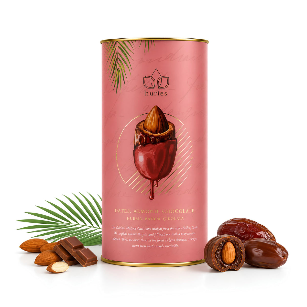 Huries Strawberry Chocolate Covered Dates with Almonds, Individually Wrapped Gourmet Stuffed Date Candy, Turkish Dessert Snack, 200 g