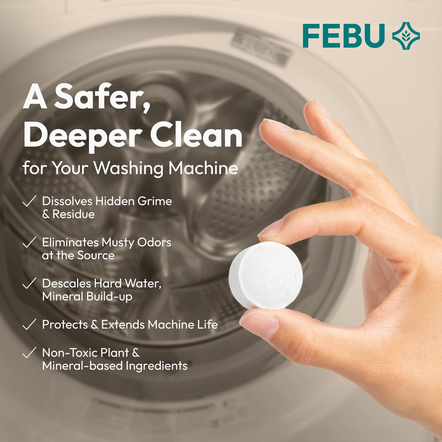 FEBU Washing Machine Cleaner Tablets Made in USA | Washer Machine Cleaner & Deodorizer | Removes Gunk & Grime | 7 Natural, Biodegradable, Plant-Based