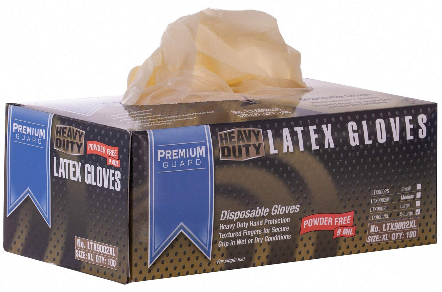 Premium Guard - 9Mil, Heavy Duty Disposable Latex Gloves, Powder Free, 100 gloves per Box, Size - XL