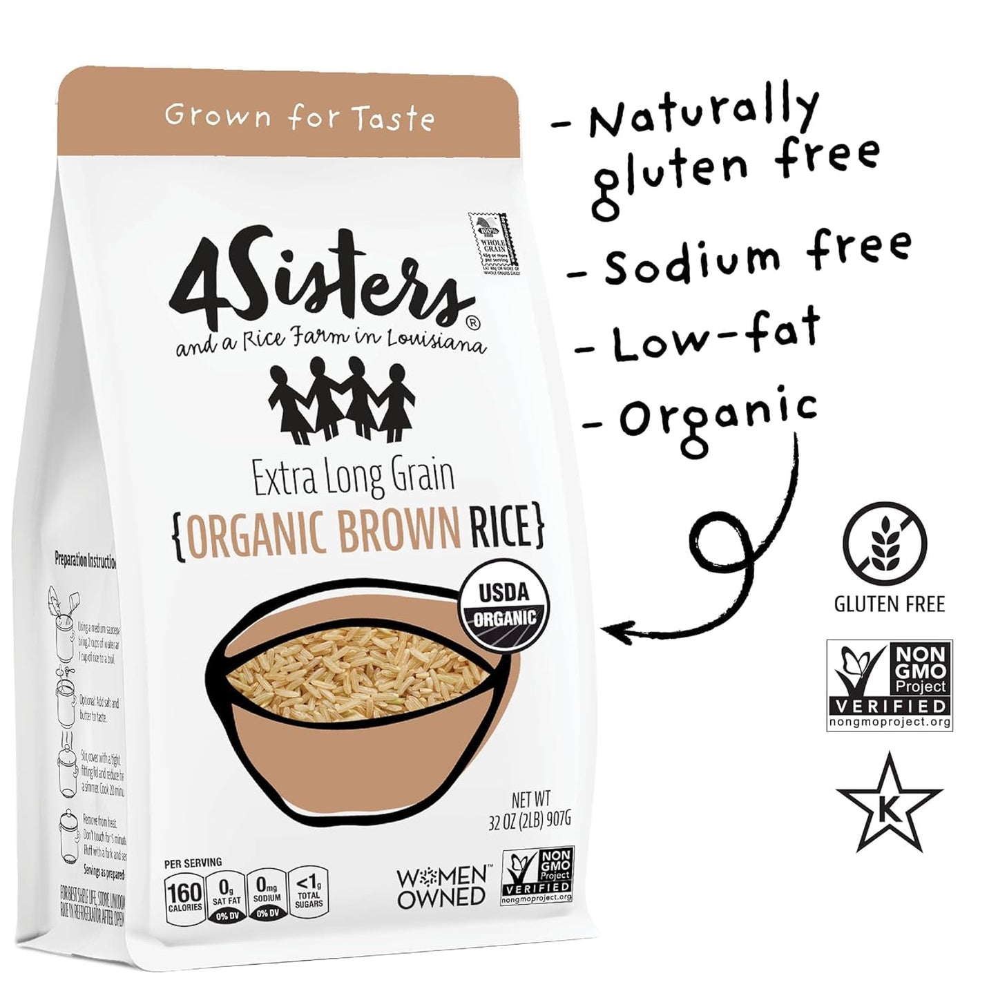 4Sisters - Organic Long Grain Brown Rice - Grown in USA - Sustainably Grown - Women Owned - Farm to Table - 2lb