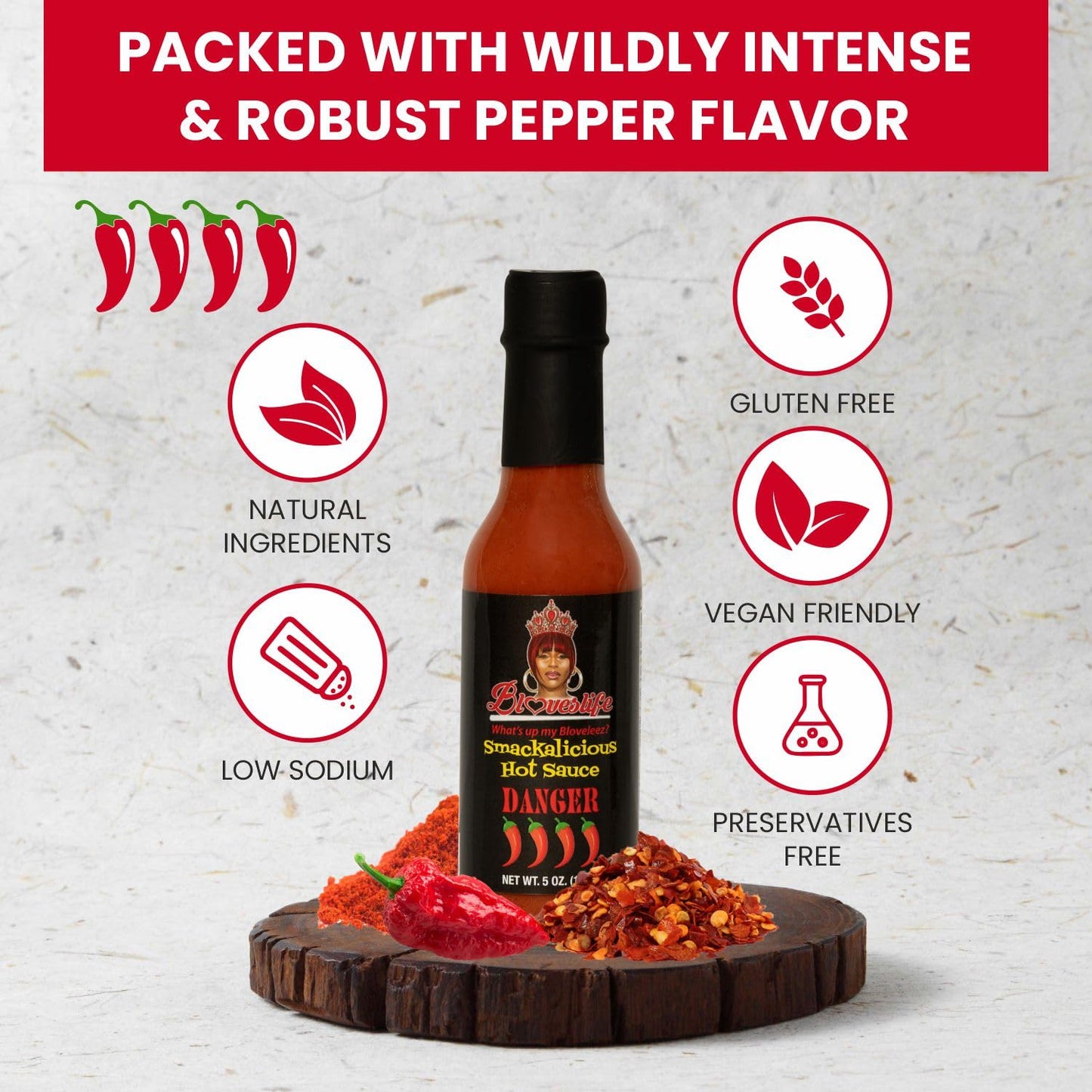 Bloveslife Smackalicious Danger Extreme Hot Sauce 5 Oz - Vegan Organic Vinegar-Flavored Sauce, Low-Sodium, Low-Fat, All-Natural Ghost Pepper Sauce