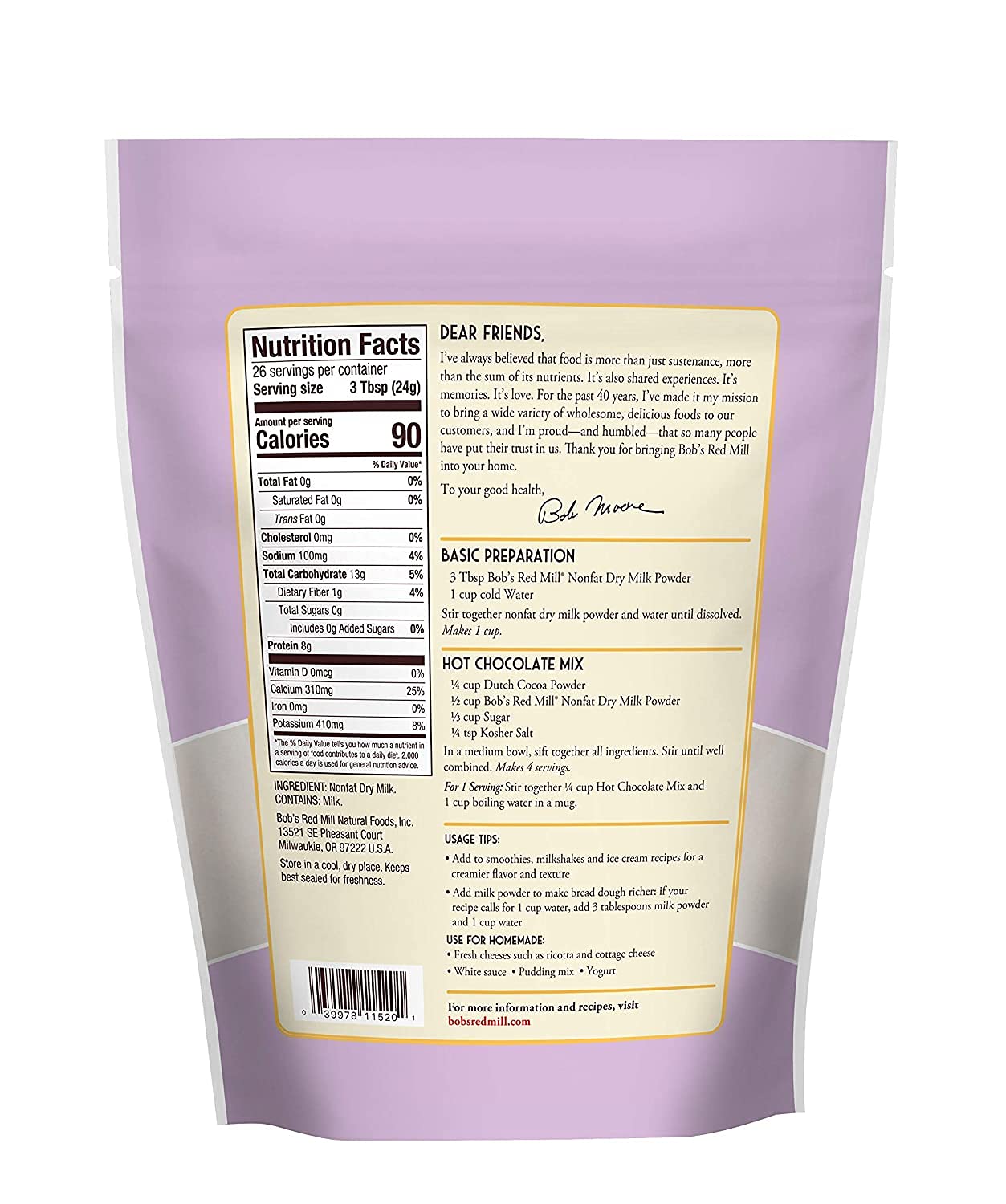 Bob's Red Mill Non-Fat Dry Milk Powder, 22oz (Pack of 1) - Makes 26 Cups per Bag, Made in USA, Unflavored, Kosher