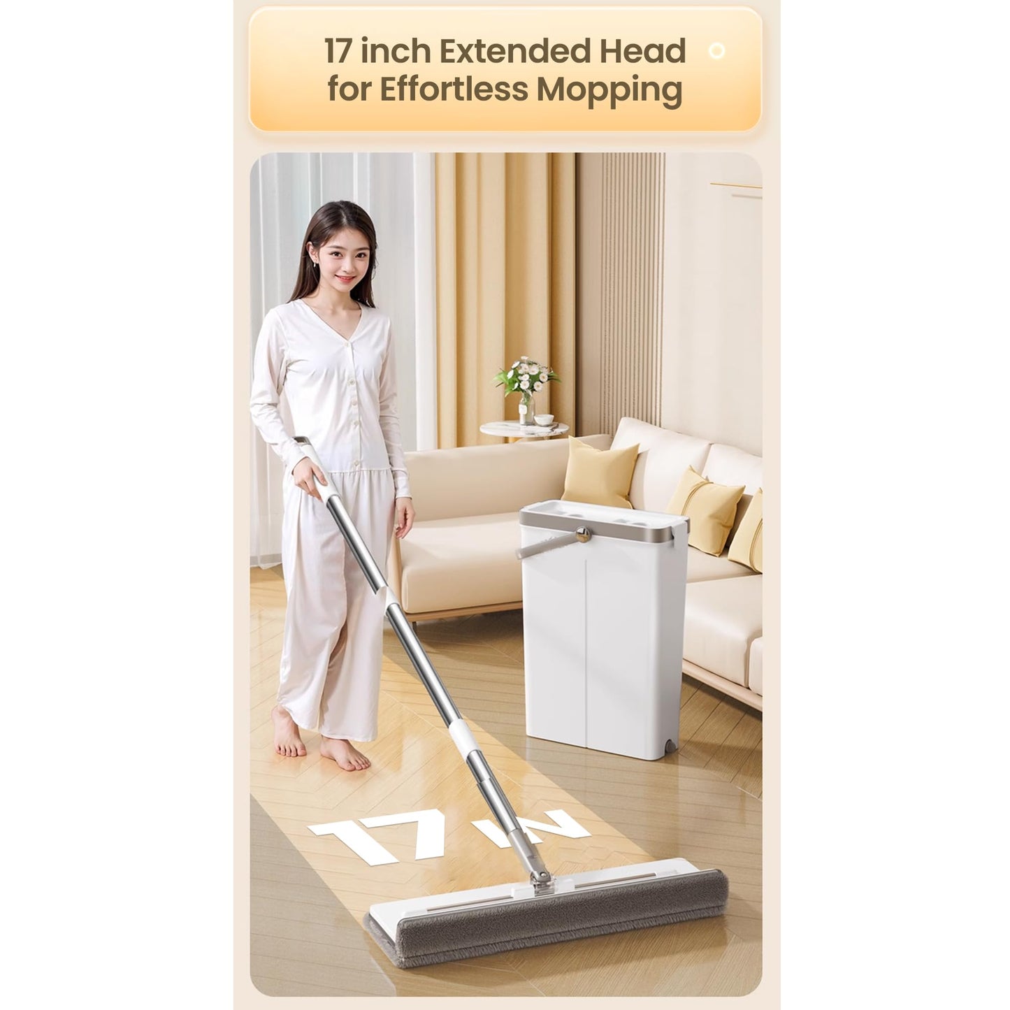 U-VERSE L-Shaped Mop & Bucket Set with Wringer, 3 Reusable Microfiber Pads, Long Handle Flat Mop for Corners, Walls & Floors, Compact 5" Space-Saving