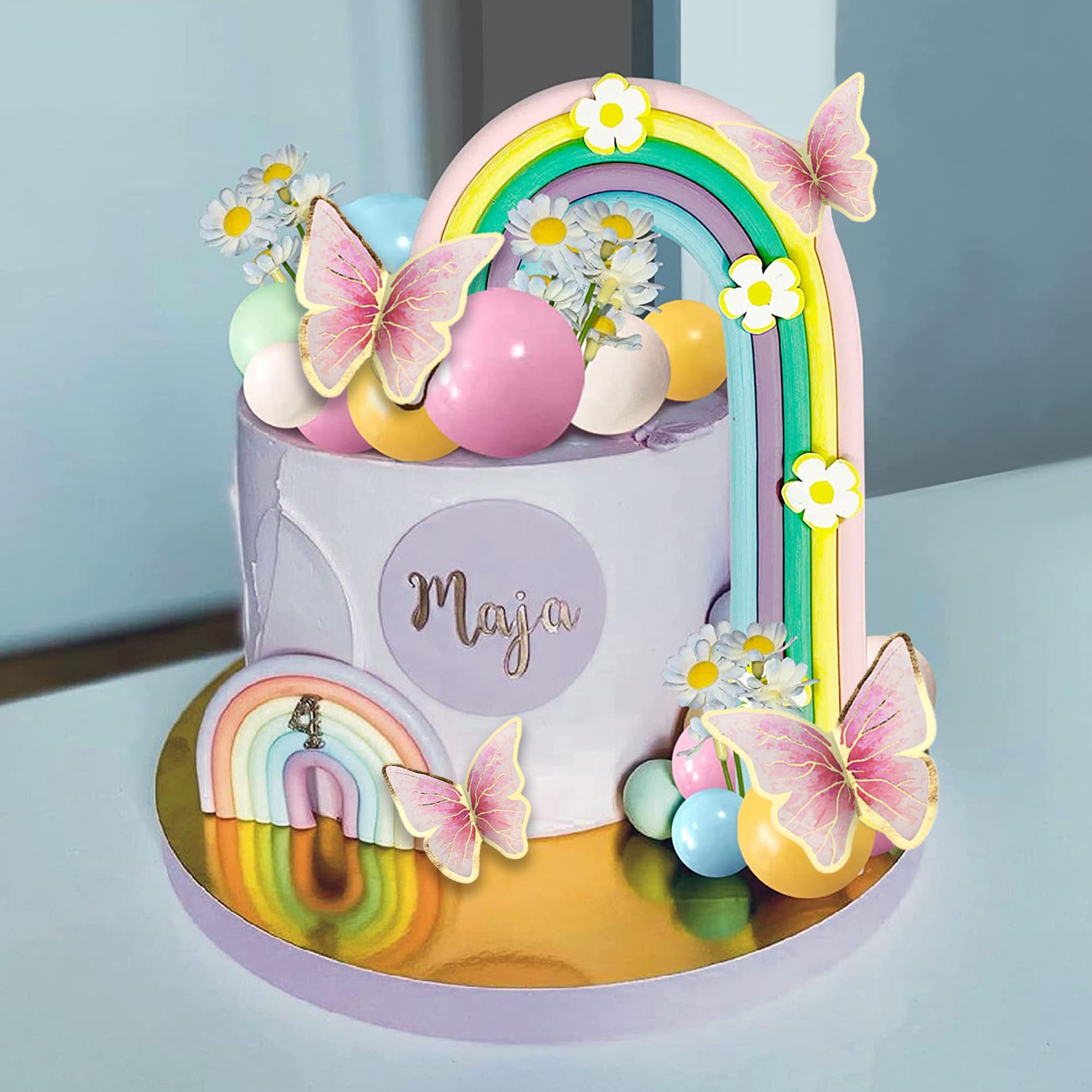25PCS Rainbow Cake Topper Balls Cake Decorations Boho Cake Topper with Macaron Balls Artificial Flowers and Butterflies for Birthday Themed Supplies