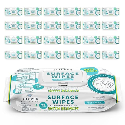 Juniper CLEAN 24 Pack Surface Cleaning Wipes with Bleach, All-Purpose Cleaner for Bathroom, Kitchen, Office, 1728 Count Soft Flow, Fresh Scent, Lint
