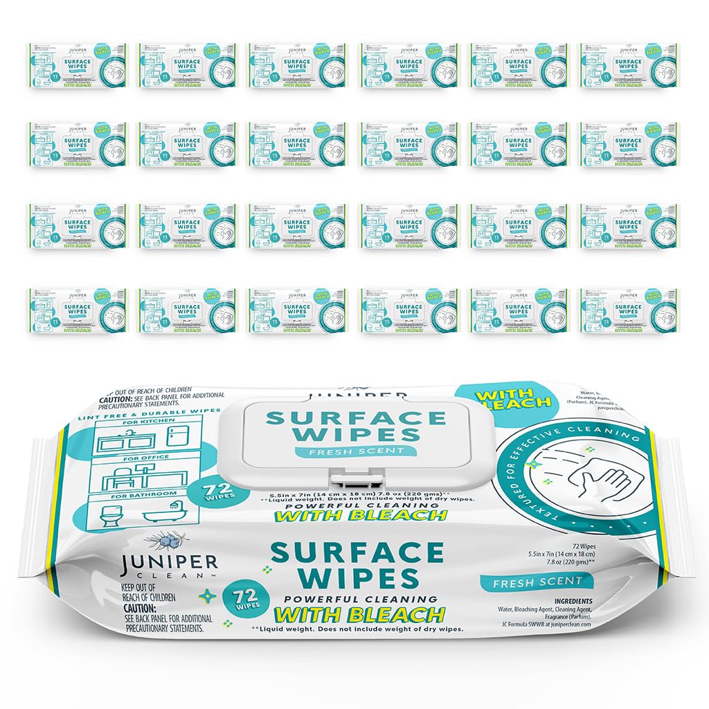Juniper CLEAN 24 Pack Surface Cleaning Wipes with Bleach, All-Purpose Cleaner for Bathroom, Kitchen, Office, 1728 Count Soft Flow, Fresh Scent, Lint