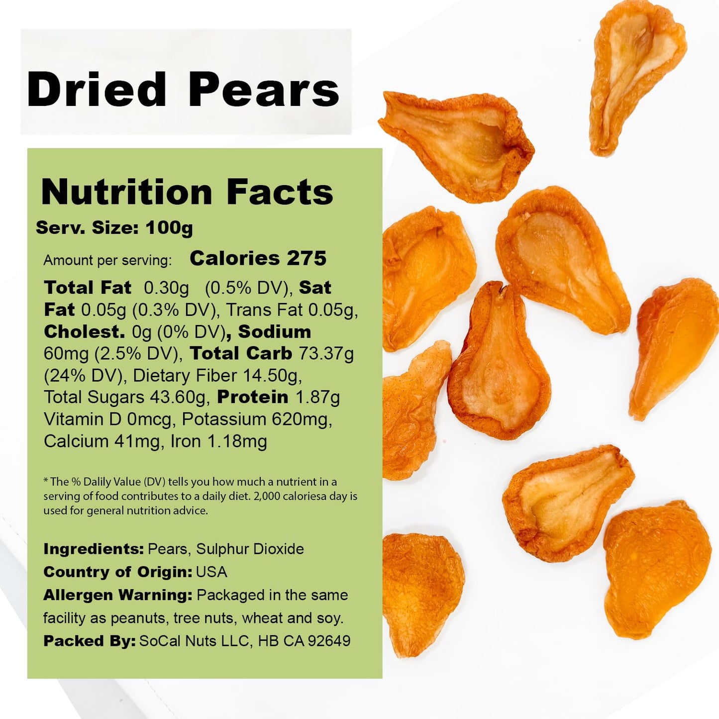 NUTS U.S. - Dried Pears I No Added Sugar I Fresh and Tasty I Non GMO and Gluten Free I Freshly Packed in Resealable Bags (1 LB)