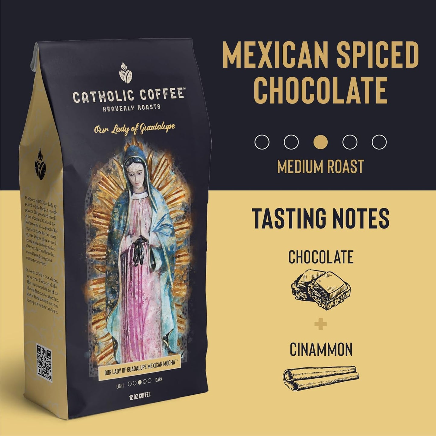 Catholic Coffee Our Lady of Guadalupe | Mexican Spiced Chocolate Medium Roast Ground Coffee, w/Cinnamon Notes | 12oz Bag - Catholic Gift Honoring the