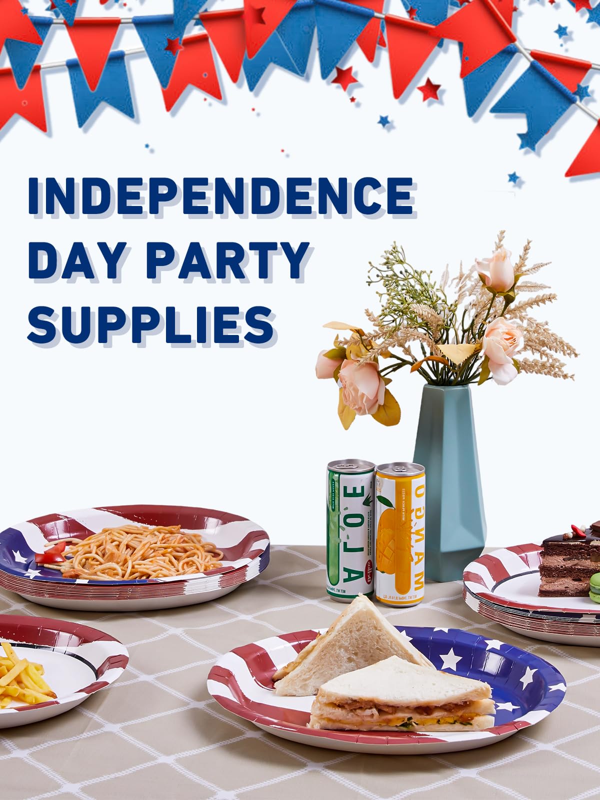 Dereinwo Patriotic Oval Paper Plates Large 12" X 10" Disposable Platters Party Goods Set July 4th American Flag Design Red Blue and White Paper Plates