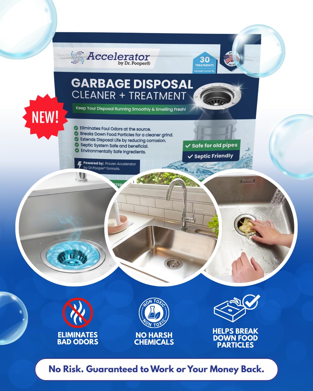 Accelerator by Dr. Pooper Garbage Disposal Cleaner and Treatment Eliminates Odors, Breaks Down Food Particles, Extends Disposal Life Non-Toxic, Septic