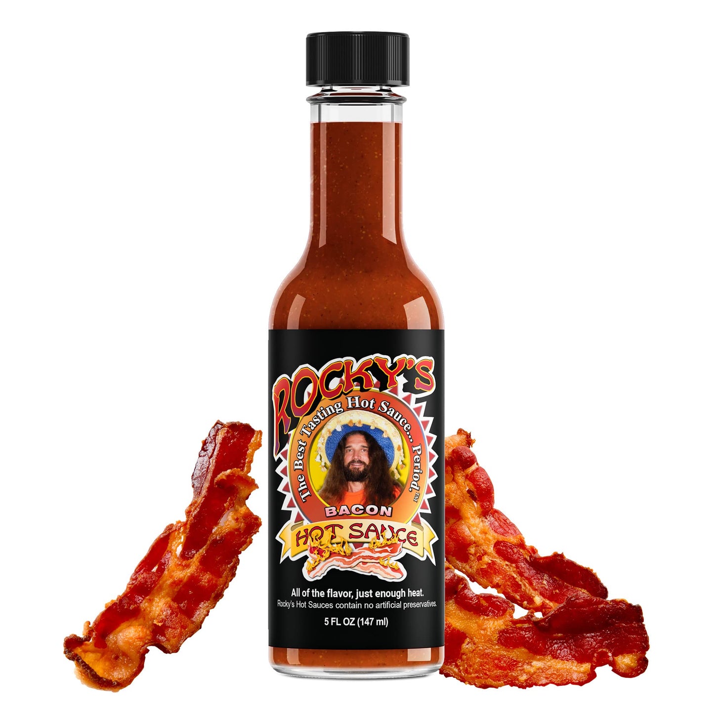 Rocky's Bacon Hot Sauce - Gourmet Red Chili Sauce with Perfectly Balanced Heat - Great Hot Sauce Gift and Wing Sauce - 5 oz
