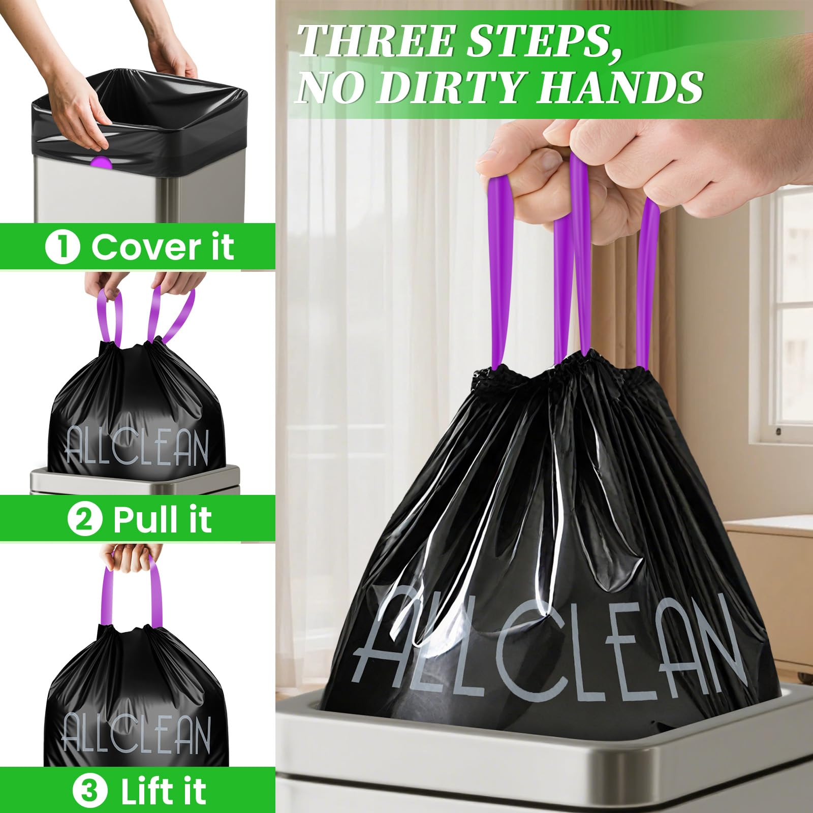 Trash Bags 15 Gallon Tall Kitchen Drawstring Garbage Bags,Fit 13-15 Gal Bins,Extra Strong&Leak-Proof,Unscented&Recyclable Trash Can Liners for Home