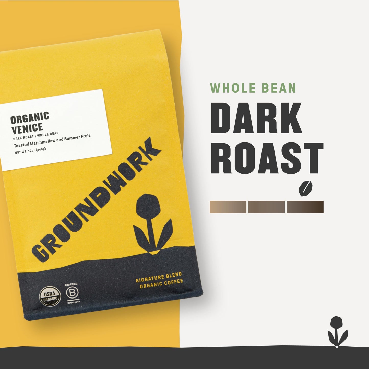 GROUNDWORK Venice Blend Whole Bean Coffee Dark Roast - USDA Organic Signature Blend Whole Coffee Beans - 12oz Bag (Pack of 1)