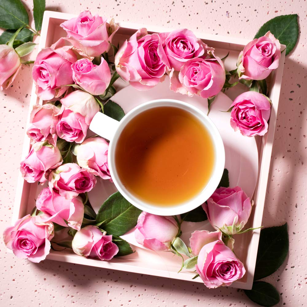 Harney & Sons Rose Scented Tea, 50 Count Bag of Sachets, Black Tea with Rose flavor and soft pink rosebuds.