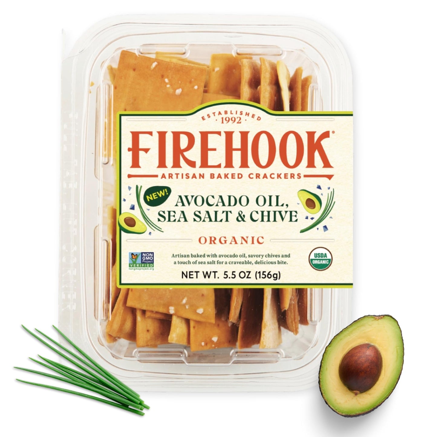 Firehook Avocado Oil, Sea Salt & Chive Crackers - Artisan Baked, Uniquely Crunchy, Made with Organic Ingredients - USDA Organic, Non-GMO, Kosher - 5.5