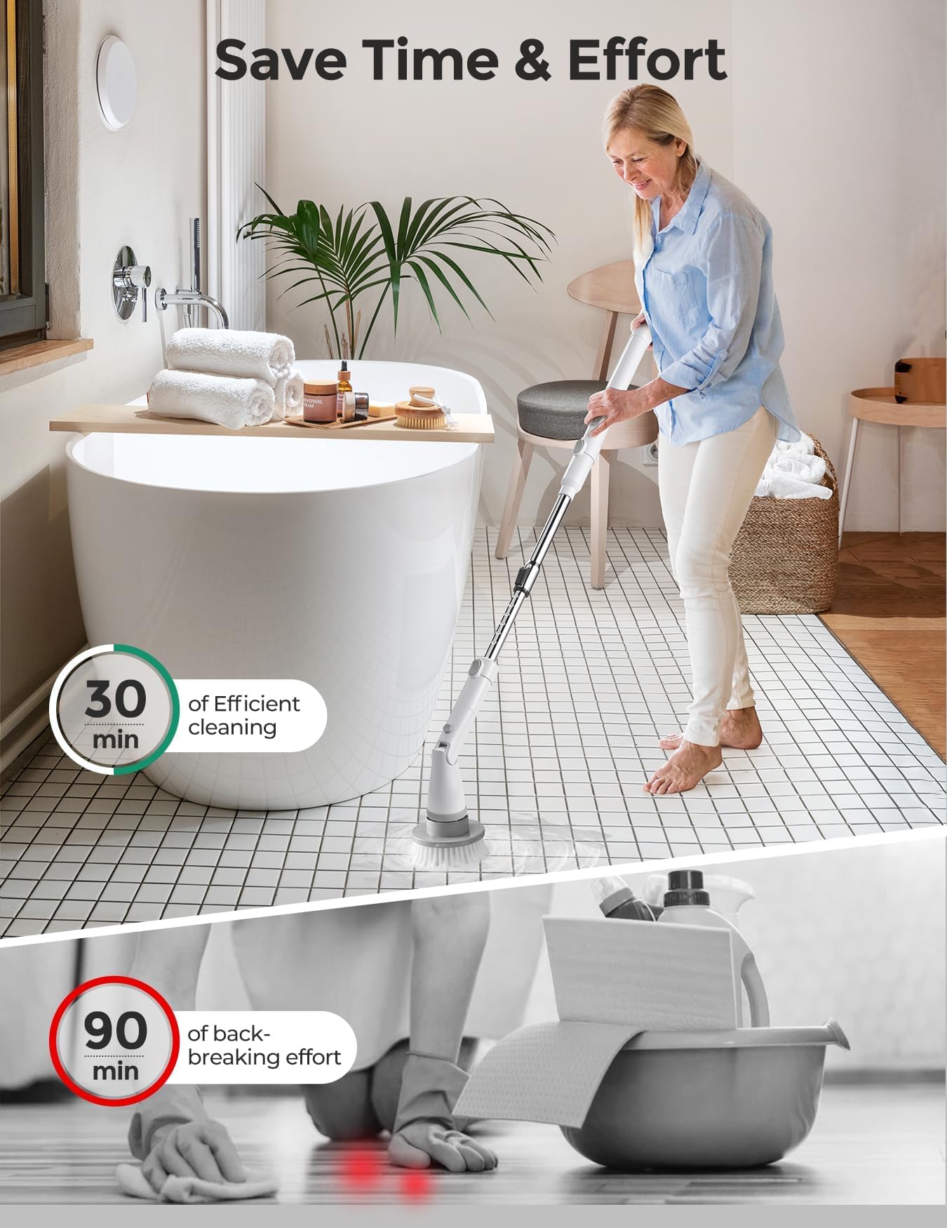 kHelfer Electric Spin Scrubber Kh8, Upgrade Cordless Shower Scrubber 8 Replacement Head, 1.5H Bathroom Scrubber Dual Speed, Shower Cleaning Brush