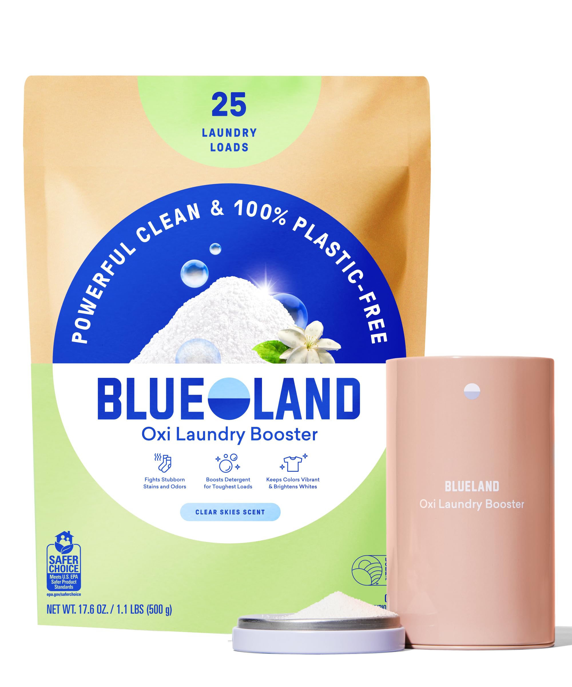 BLUELAND Oxi Laundry Booster Powder with Tin, Starter Set, Clear Skies Scent, 25 Loads, 17.6 oz, Plastic-Free, Eco Friendly, Oxy Cleaner, Stain