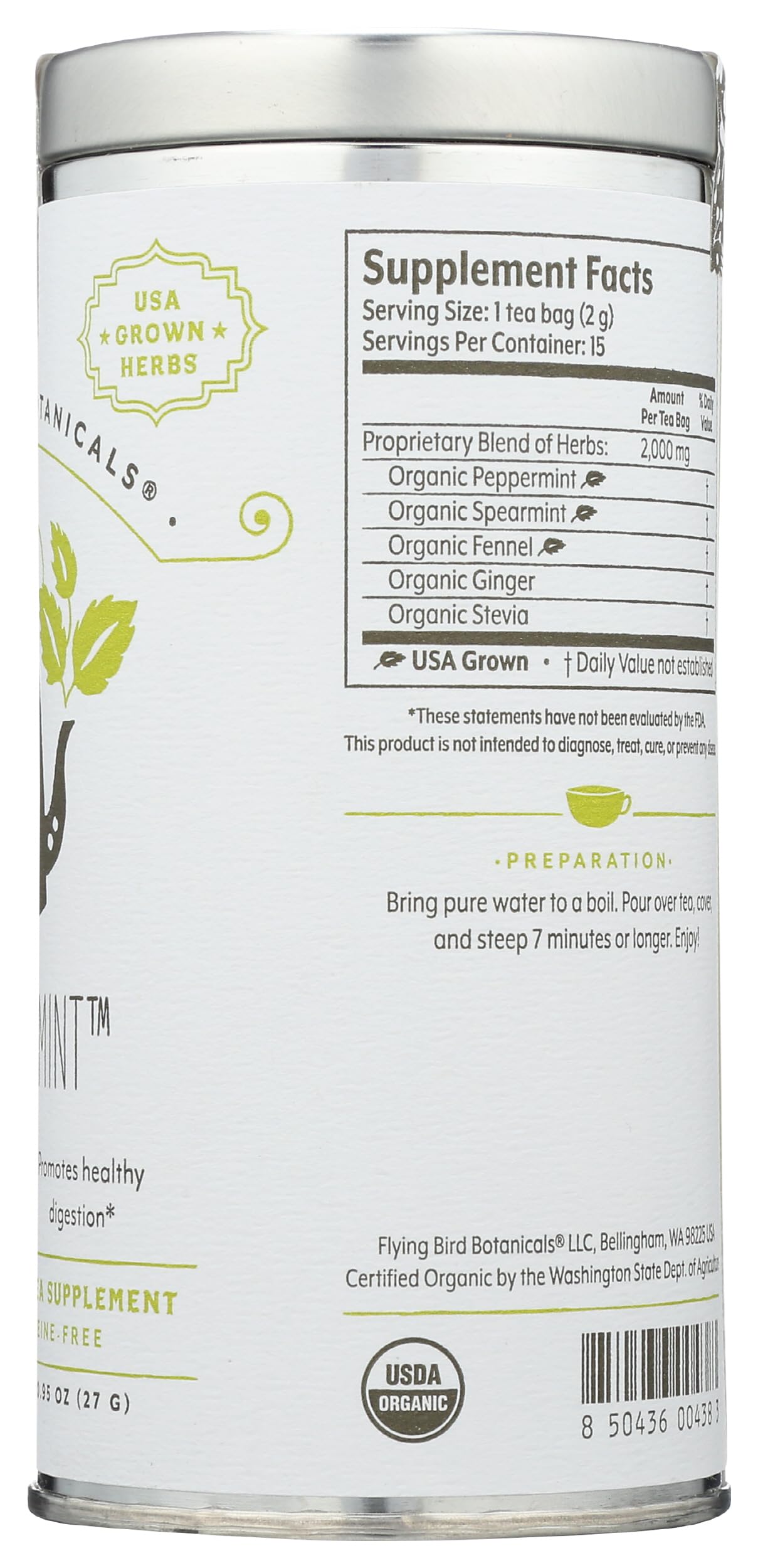 FLYING BIRD BOTANICALS Organic 15 Bag Tin Twilight Mint Tea, 15 CT