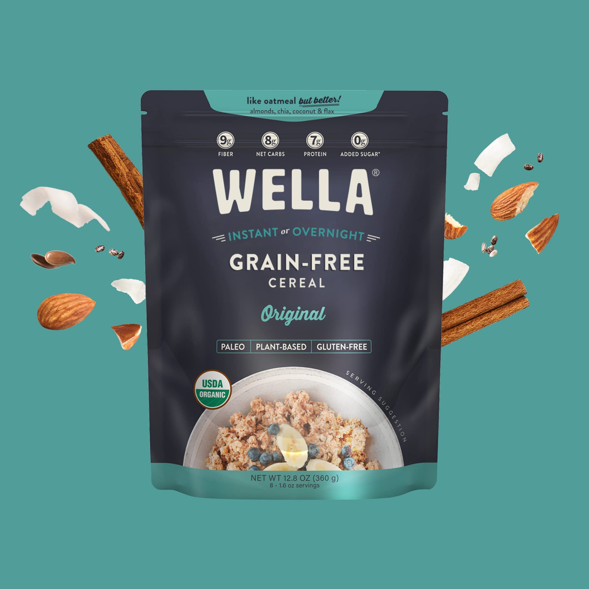 Wella Cereal Oatmeal Alternative, Gluten-Free Breakfast Hot Cereal, Grain-Free Paleo Organic Vegan High Protein Superfood, Plant-Based Non-GMO, Low in