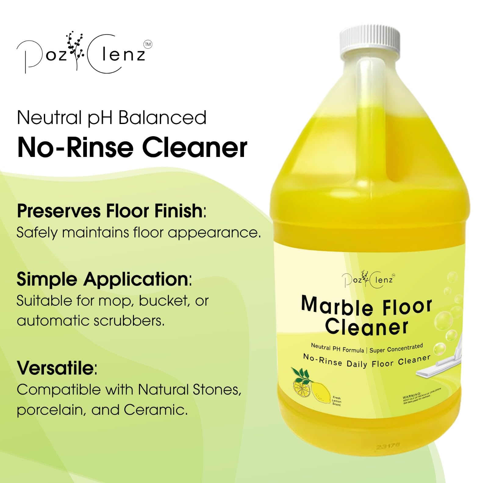 Poz Clenz Marble & Stone Floor Cleaner | Concentrated Daily Formula (1 Gallon) | pH Neutral, Streak-Free | Safe for Marble, Travertine, Limestone