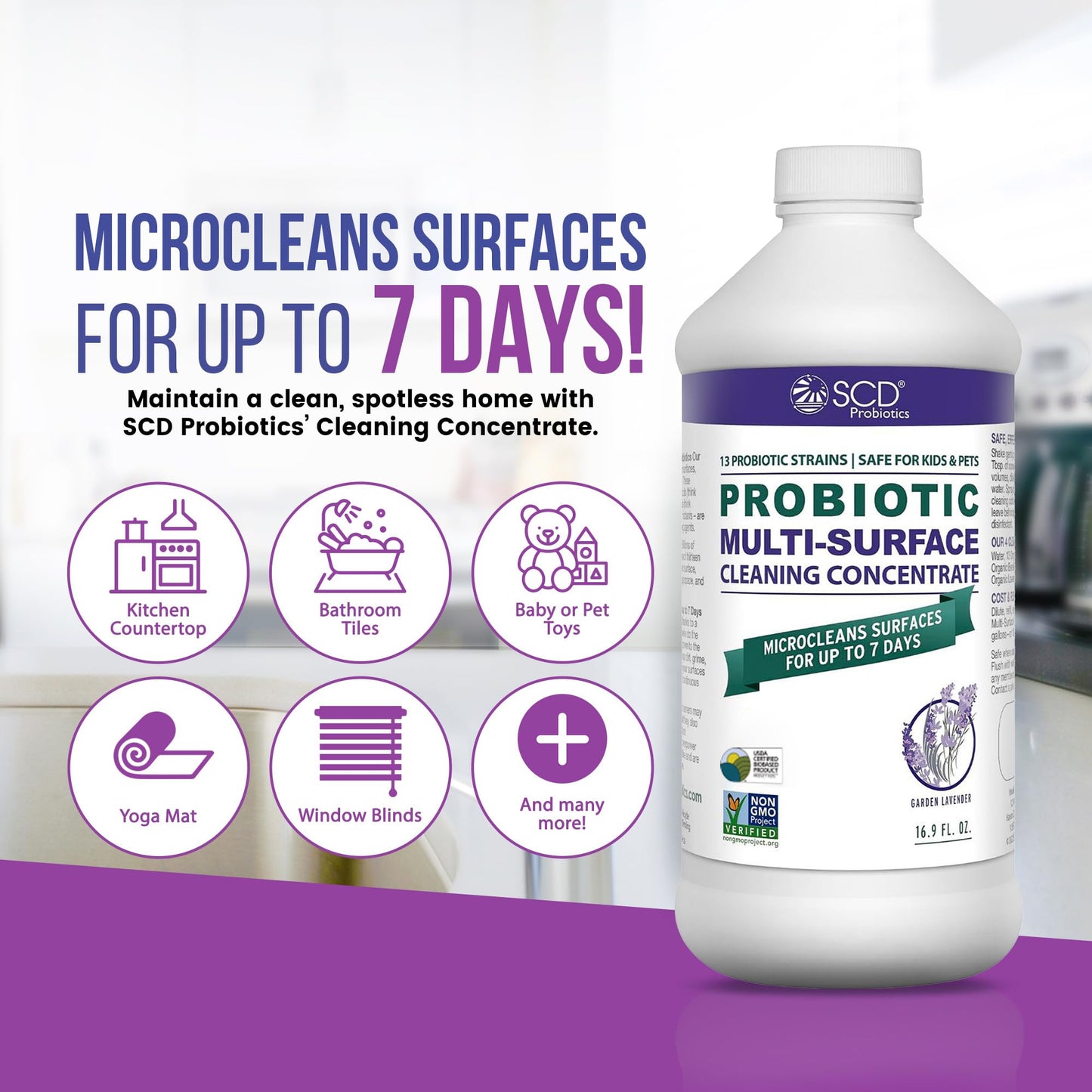 SCD Probiotics Probiotic Multi-Surface Cleaning Concentrate w/Lavender Essential Oil, Microcleans Surfaces for Up to 7 Days, Plant-Based