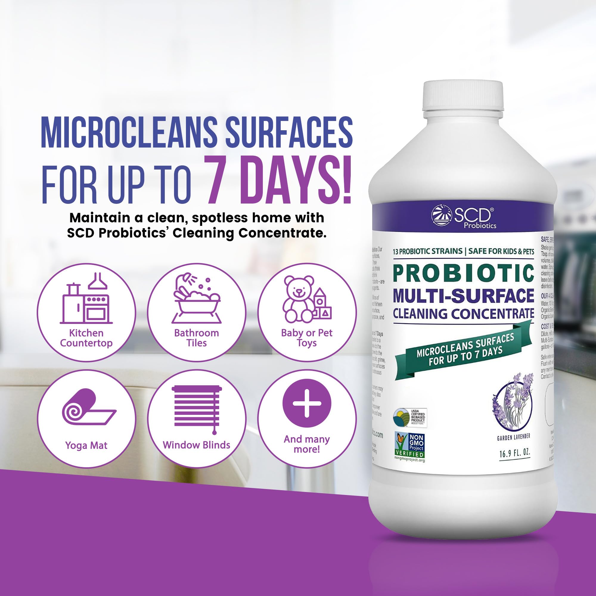 SCD Probiotics Probiotic Multi-Surface Cleaning Concentrate w/Lavender Essential Oil, Microcleans Surfaces for Up to 7 Days, Plant-Based