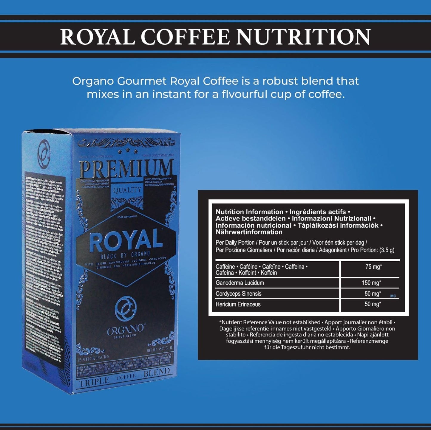 2 Boxes ORGANO Royal Black Medium Dark Roast Instant coffee. Infused with Triple Mushroom Blend, Ganoderma, Cordyceps and Lion's Mane. Aromatic