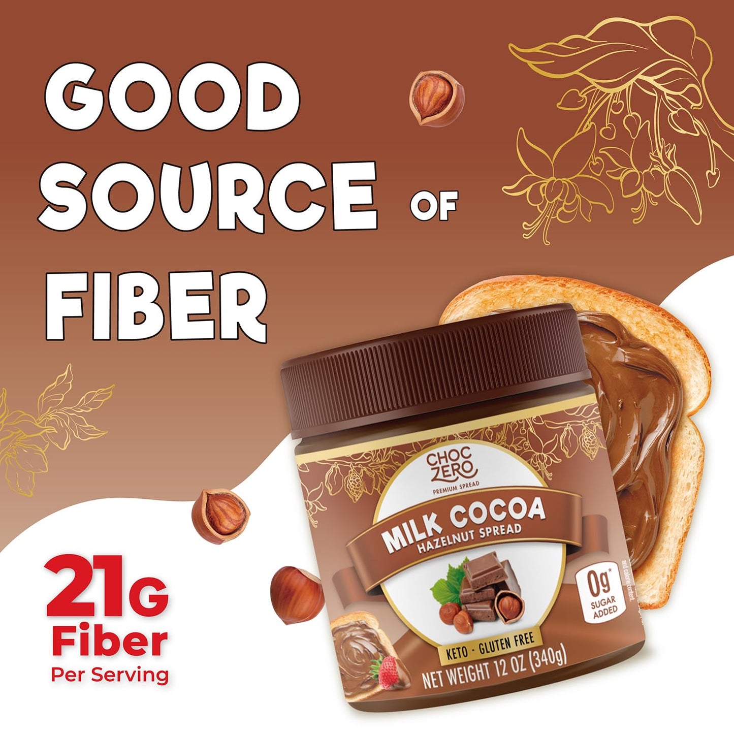 ChocZero Milk Chocolate Hazelnut Spread - No Added Sugar, Keto Friendly Low-Carb Chocolate Hazelnut Dessert & Bread Topping, Gluten Free, High Fiber