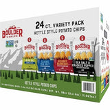 Boulder Canyon Kettle Style Potato Chips Variety Pack, 24 Count, Assorted 1.5oz. Bags, Olive Oil Classic Sea salt, Hickory BBQ, Sea Salt & Cracked