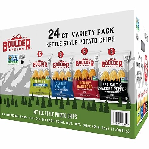 Boulder Canyon Kettle Style Potato Chips Variety Pack, 24 Count, Assorted 1.5oz. Bags, Olive Oil Classic Sea salt, Hickory BBQ, Sea Salt & Cracked