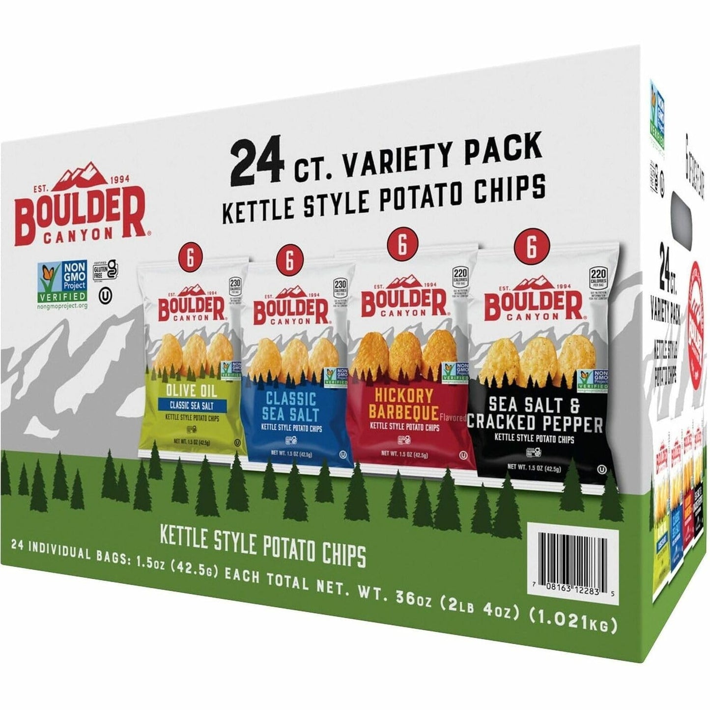 Boulder Canyon Kettle Style Potato Chips Variety Pack, 24 Count, Assorted 1.5oz. Bags, Olive Oil Classic Sea salt, Hickory BBQ, Sea Salt & Cracked