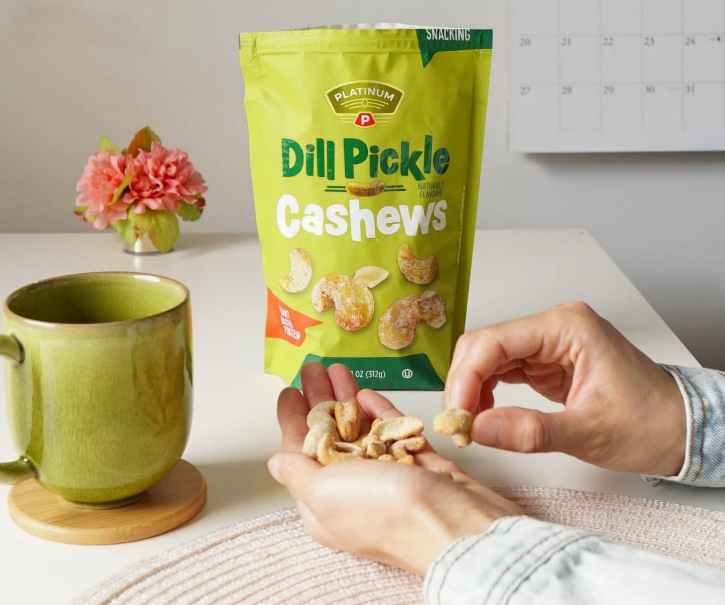 Platinum Dill Pickle Cashews - Plant Based Protein, Fiber, Healthy Snack - Roasted with Tangy Zest of Dill Pickle - Can Bring at Home, Work, Office