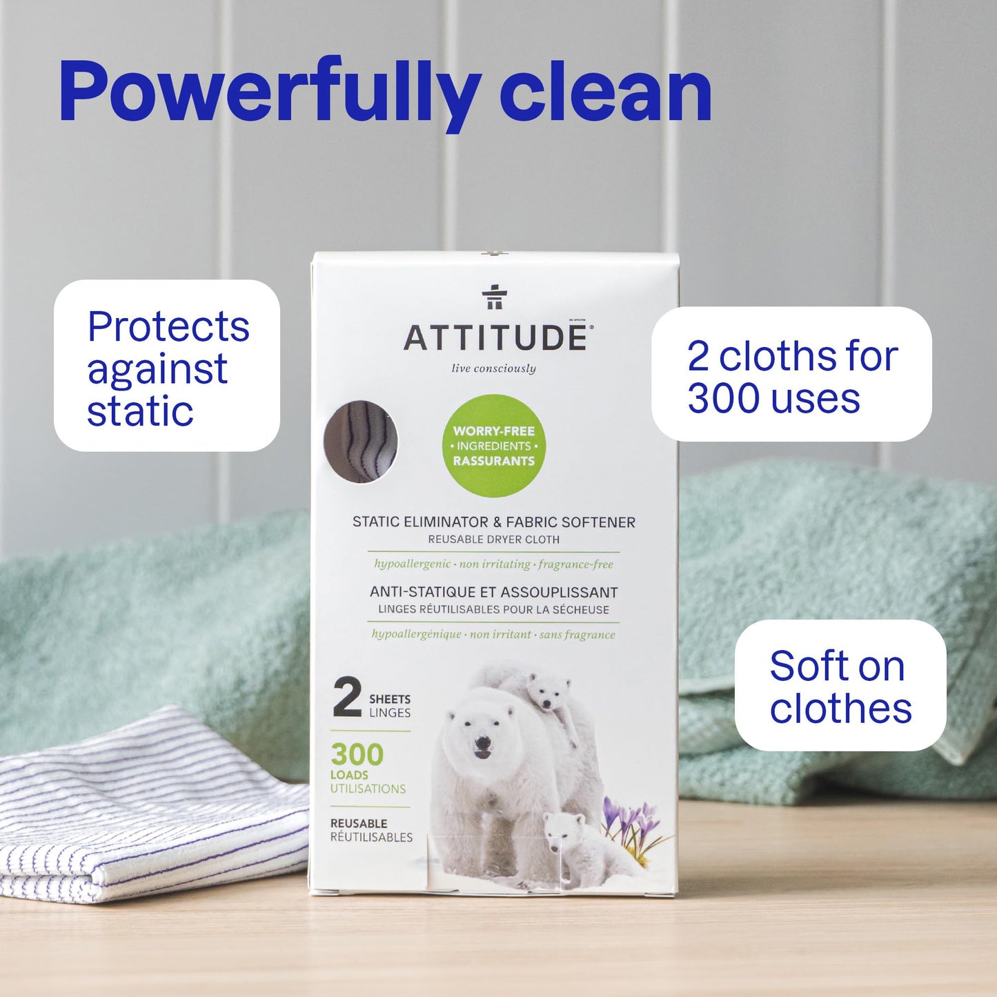 ATTITUDE Reusable Dryer Sheets, Static Eliminator & Fabric Softener, Fragrance-Free Laundry, Made in Canada, 300 Loads, 2 Sheets (1 Pack)