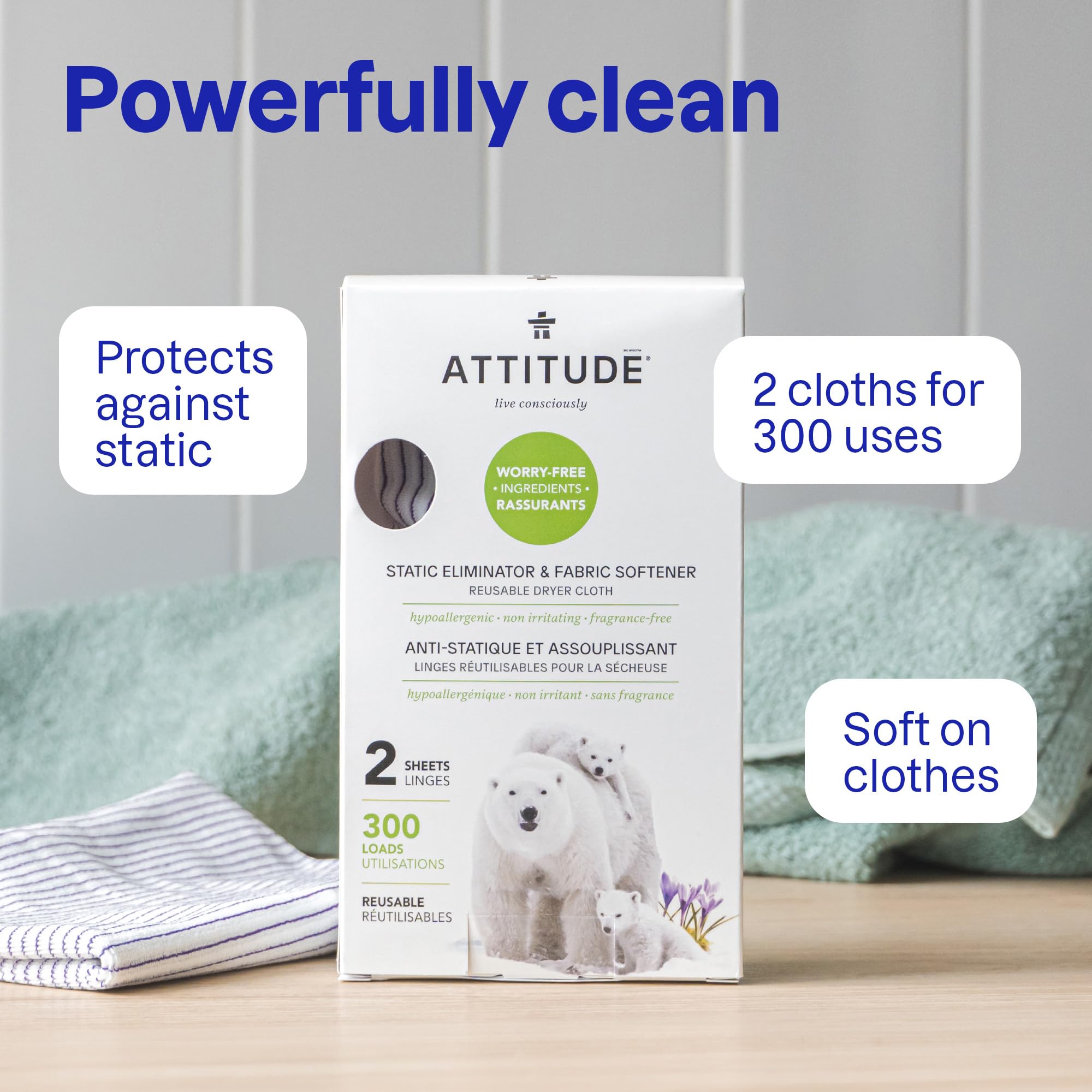 ATTITUDE Reusable Dryer Sheets, Static Eliminator & Fabric Softener, Fragrance-Free Laundry, Made in Canada, 300 Loads, 2 Sheets (1 Pack)