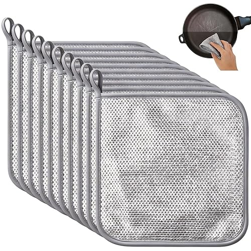 PXIRQ 10-Pack Non Scratch Wire Dishcloths - 7.87"x7.87" Multipurpose Steel Dishwashing Rags for Wet and Dry, Metal Scrubbing Sponge Pads Towels
