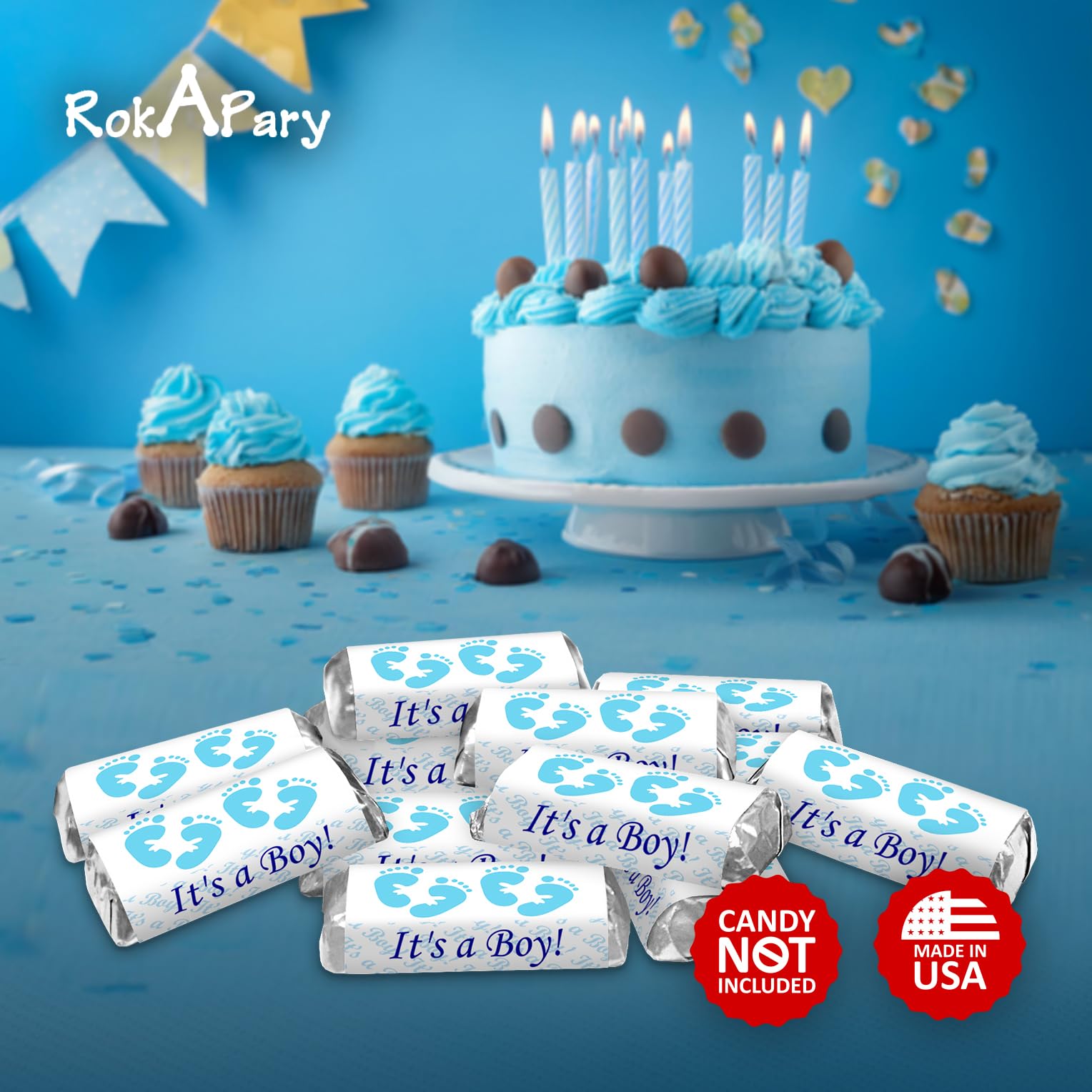 60 Blue Footprints Baby Shower Miniatures Candy Bar Wrapper, Its a Boy Baby Shower Mini Candy Bar Stickers Decorations, Candy Not Included. Made in