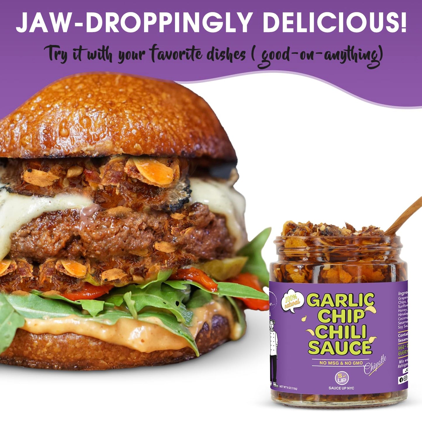 SAUCE UP Garlic Chip Chili Sauce | Chipotle Flavor | All-Natural, Keto, Gluten-Free, No MSG | Fried Garlic, Mexican Chilies, Crunchy, Smoky, Sweet