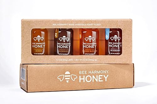 Bee Harmony Rare Varietals Honey Flight, Mini Honey Gift Set, 4 Jars, 3 OZ Each, Premium, Raw (Acacia, Buckwheat, Blueberry Blossom, Orange Blossom)