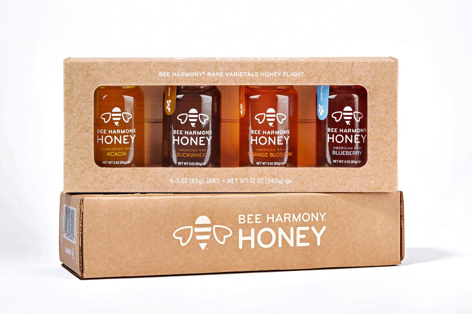 Bee Harmony Rare Varietals Honey Flight, Mini Honey Gift Set, 4 Jars, 3 OZ Each, Premium, Raw (Acacia, Buckwheat, Blueberry Blossom, Orange Blossom)