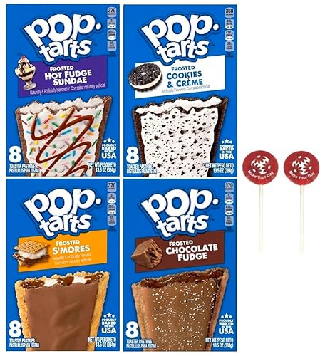 Pop Tart Frosted Toaster Pastries Variety, Hot Fudge Sundae, S'mores, Chocolate Fudge, and Cookies & Creme, 13.5 Ounce (Pack of 4) - with Two Make